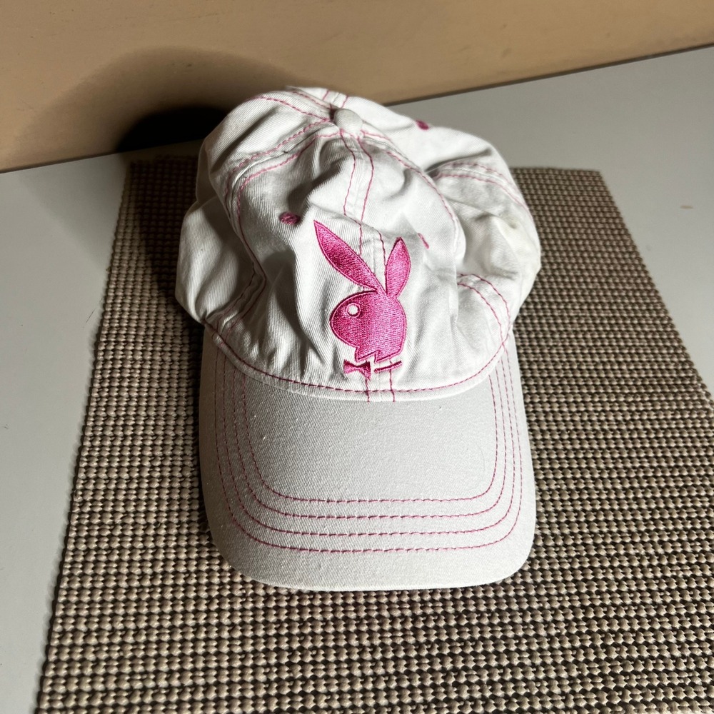 Playboy White Pink Bunny Logo Contrast Stitch Baseball Hat Adjustable Cap